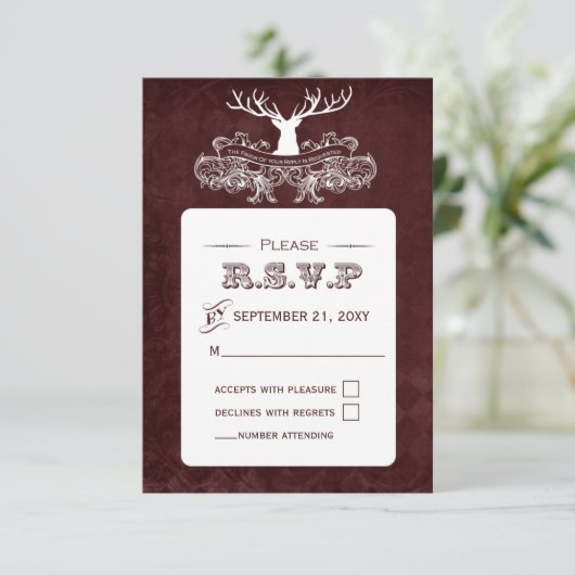 Rustic Antler Deer Winter Woodland Wedding RSVP Kaartje (Staand voorkant)