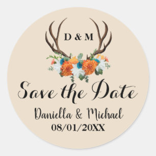 Rustic Antler Floral Wedding Save the Date Ronde Sticker