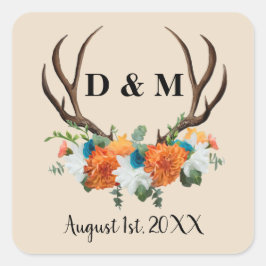 Rustic Antler Floral Wedding Save the Date Vierkante Sticker