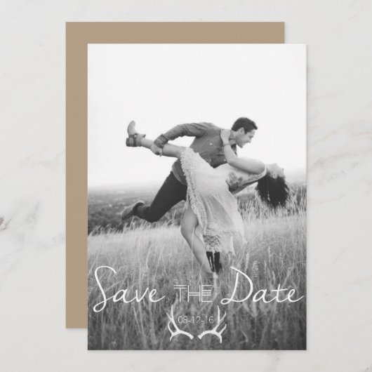 Rustic Antler Graphic | White Save the Date Kaart (Voorkant / Achterkant)