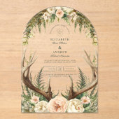 Rustic Antler Woodland Floral Wedding Acryl Uitnodigingen (Voorkant)