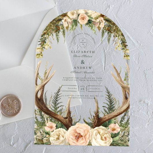 Rustic Antler Woodland Floral Wedding Acryl Uitnodigingen