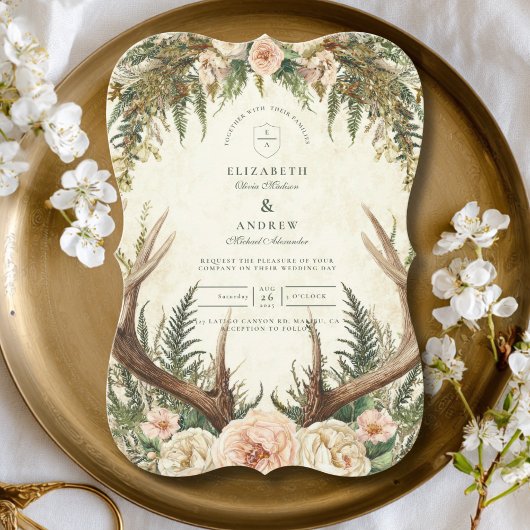 Rustic Antler Woodland Floral Wedding Kaart