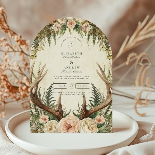 Rustic Antler Woodland Floral Wedding Kaart