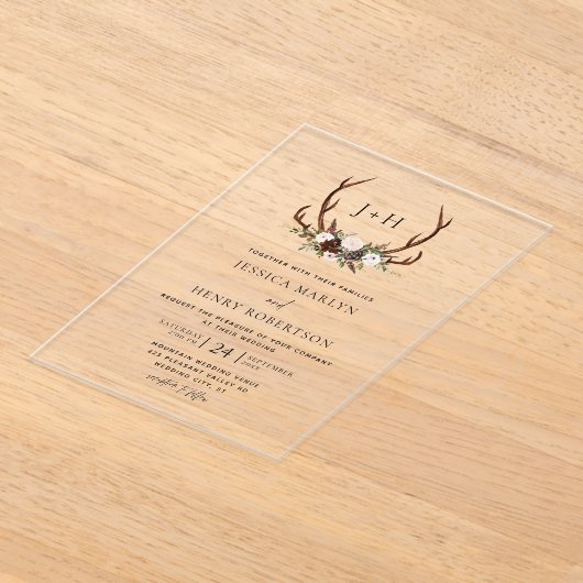 Rustic Antlers Bloemen Boho Huwelijk Acryl Uitnodigingen (Laagn)