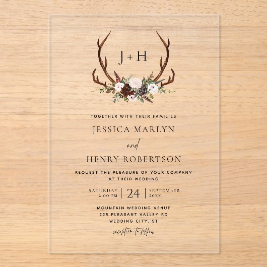 Rustic Antlers Bloemen Boho Huwelijk Acryl Uitnodigingen (Voorkant)