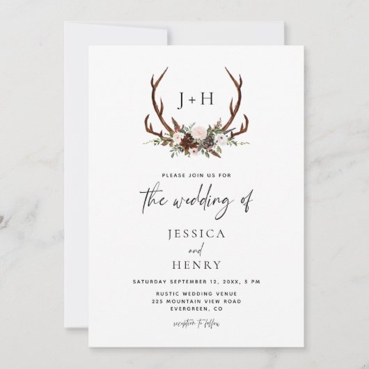 Rustic Antlers Bloemen Boho Huwelijk QR Code Kaart (Voorkant)