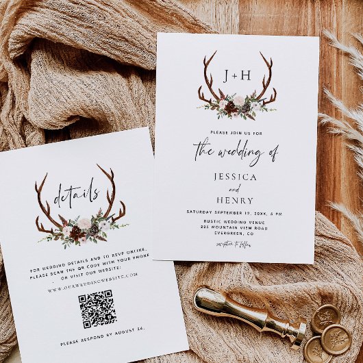 Rustic Antlers Bloemen Boho Huwelijk QR Code Kaart