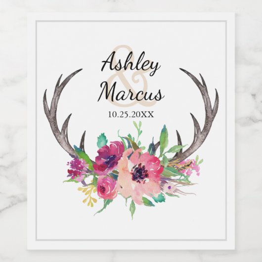 Rustic Antlers Boho Floral Allure Wijn Etiket (Enkel label)