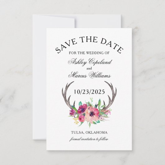 Rustic Antlers Boho Floral Foto Save the Date (Voorkant)