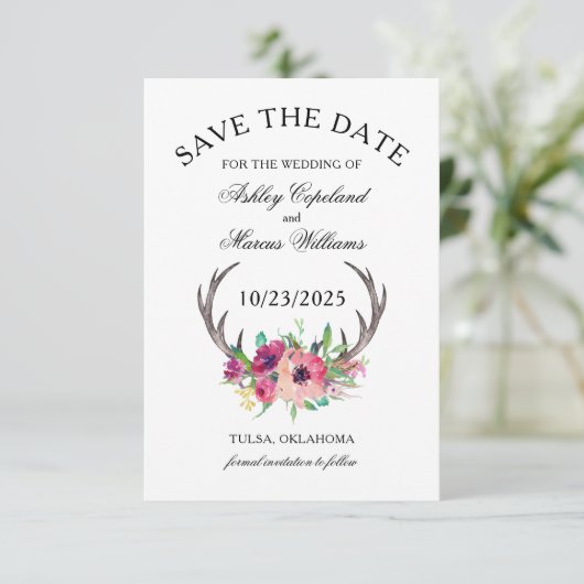 Rustic Antlers Boho Floral Foto Save the Date (Staand voorkant)