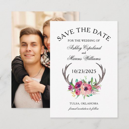 Rustic Antlers Boho Floral Foto Save the Date (Voorkant / Achterkant)