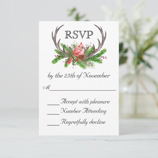 Rustic Antlers Boho Woodland Winter Wedding RSVP (Staand voorkant)