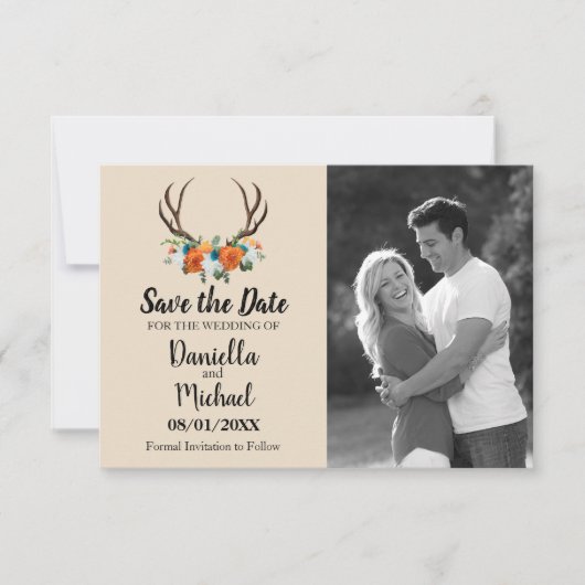 Rustic Antlers Floral Wedding Save The Date (Voorkant)