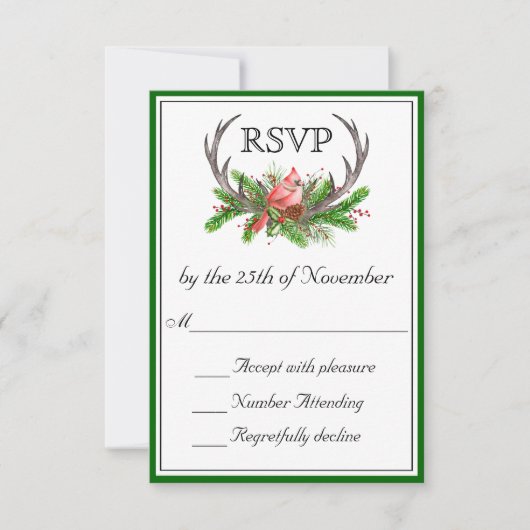 Rustic Antlers Green Edge Wedding RSVP Kaartje (Voorkant)