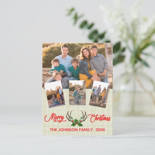 Rustic Antlers Holly Kerstfotocollage Feestdagenkaart (Staand voorkant)