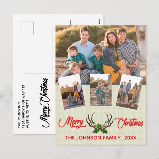 Rustic Antlers Holly Kerstfotocollage Feestdagenkaart (Voorkant / Achterkant)