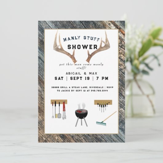Rustic Antlers Manly Stuff Couples Wedding Shower Kaart (Staand voorkant)