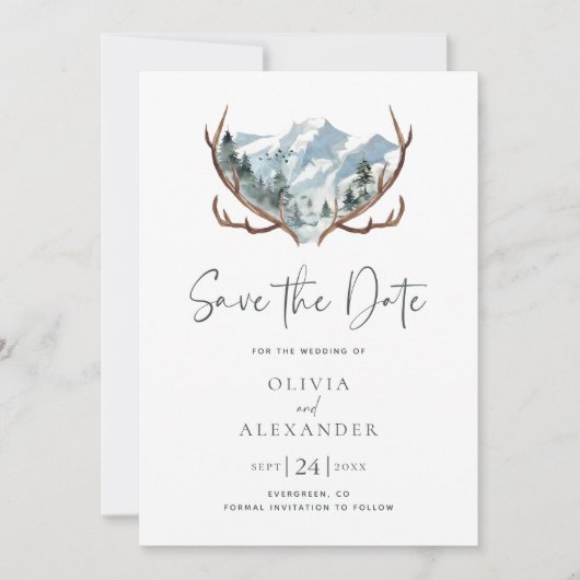 Rustic Antlers Mountain Foto bruiloft Save The Date (Voorkant)