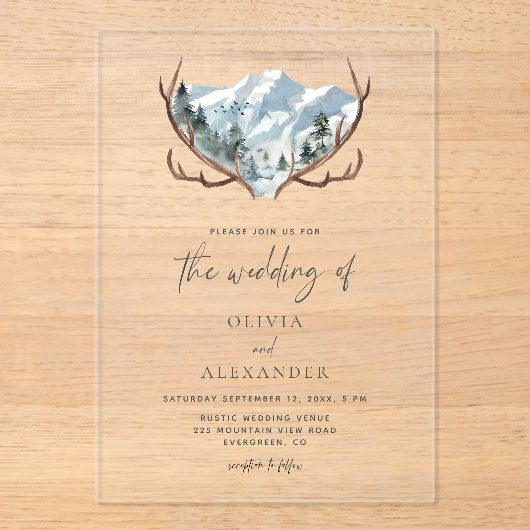 Rustic Antlers Mountain Wedding Acryl Uitnodigingen (Voorkant)