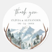 Rustic Antlers Mountain Wedding Dank u Ronde Sticker (Voorkant)