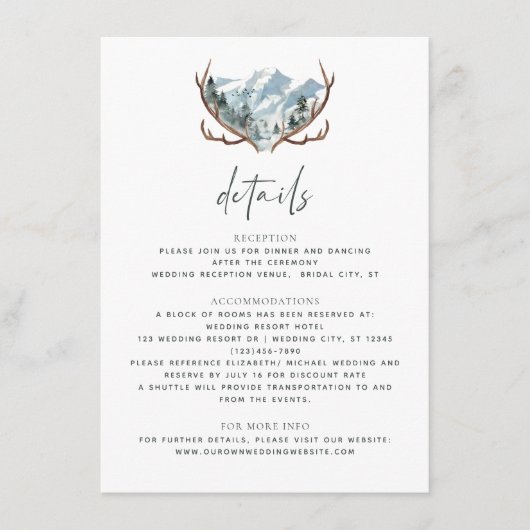 Rustic Antlers Mountain Wedding Details Informatiekaartje (Voorkant)
