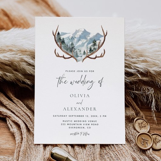 Rustic Antlers Mountain Wedding Kaart