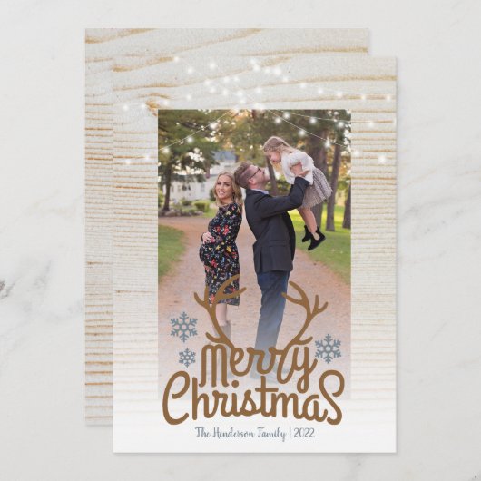 Rustic Antlers Photo String Light Merry Kerstmis Feestdagenkaart (Voorkant / Achterkant)