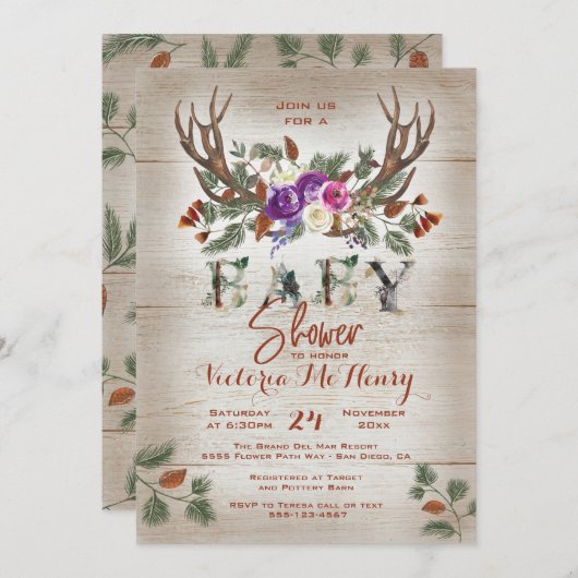 Rustic Antlers & Pine Branches Baby shower Kaart (Voorkant / Achterkant)
