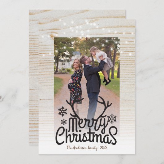 Rustic Antlers String Light Photo Merry Kerstmis Feestdagenkaart (Voorkant / Achterkant)