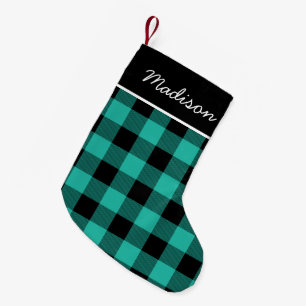 Rustic Aqua en Black Buffalo Check Monogram Kleine Kerstsok