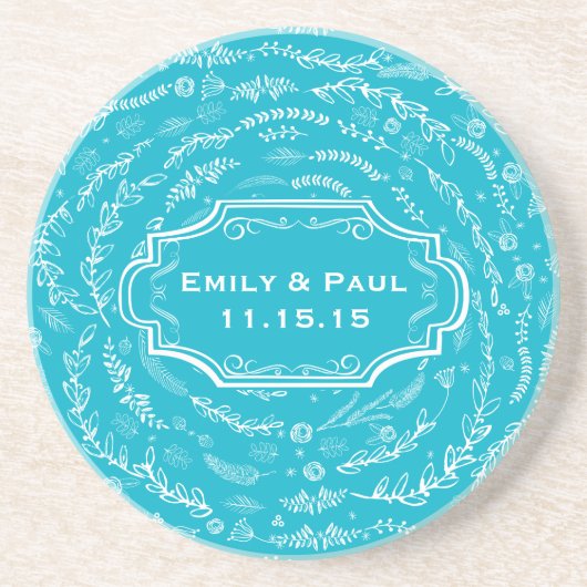 Rustic Aqua Feather Pattern Wedding Onderzetters (Voorkant)