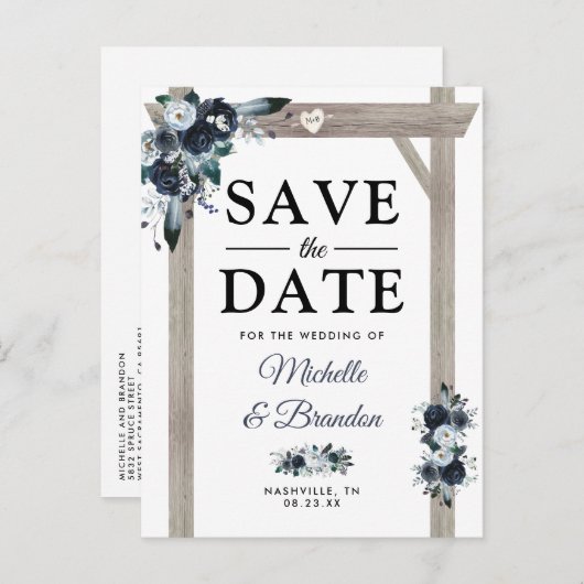 Rustic Arch Dusty Blue Floral Save the Date Aankondigingskaart (Voorkant / Achterkant)