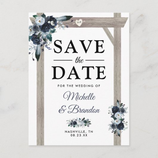 Rustic Arch Dusty Blue Floral Save the Date Aankondigingskaart (Voorkant)