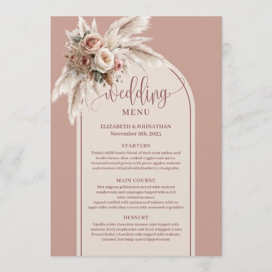 Rustic Arch Pastel Pink Pampas Floral Wedding Menu (Voorkant)