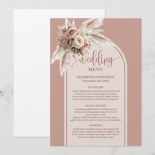 Rustic Arch Pastel Pink Pampas Floral Wedding Menu (Voorkant / Achterkant)