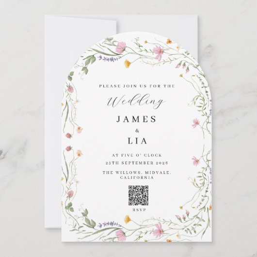 Rustic Arch Wildflower+ RSVP QR code bruiloft Kaart (Voorkant)