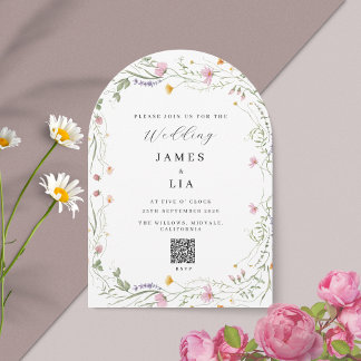 Rustic Arch Wildflower+ RSVP QR code bruiloft Kaart