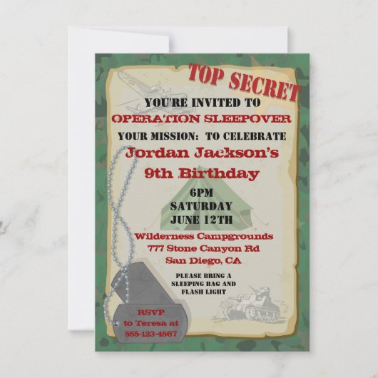 Rustic Army Sleepover Party Invitation Kaart (Voorkant)