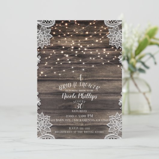 Rustic Ash Brown Wood Lace & Lights Vrijgezellenfe Kaart (Staand voorkant)