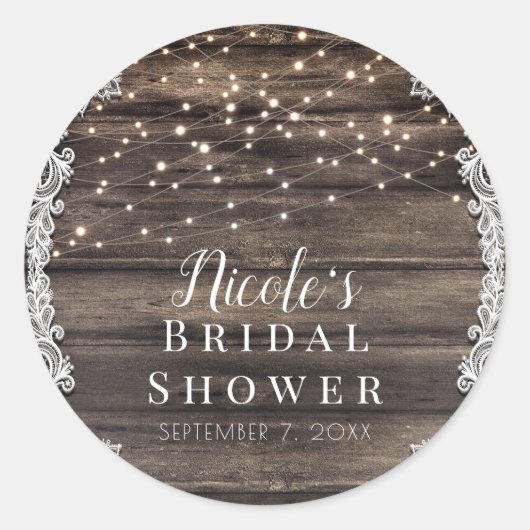 Rustic Ash Brown Wood Lace & Lights Wedding Bridal Ronde Sticker (Voorkant)