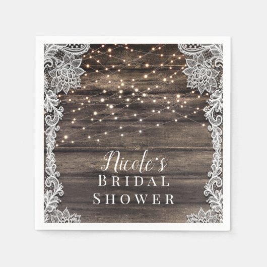 Rustic Ash Brown Wood Lace & Lights Wedding Bridal Servet (Voorkant)