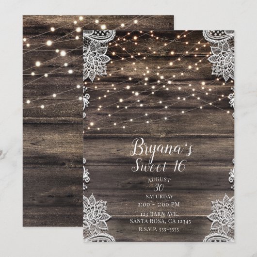 Rustic Ash Brown Wood Lights Lights Sweet 16 Party Kaart (Voorkant / Achterkant)