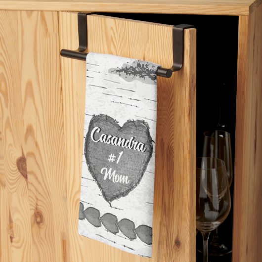 Rustic Aspen Bark Wood Carved Heart #1 Mam Naam Theedoek (Derde Gevouwen)