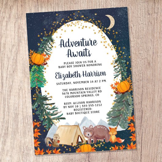 Rustic Autumn Adventure Night Sky Baby shower Kaart