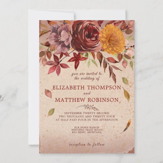 Rustic Autumn Bloom Burgundy Blush Fall Wedding Kaart (Voorkant)