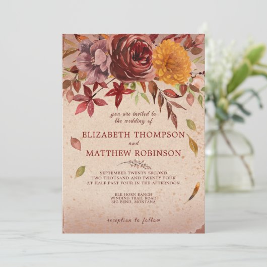 Rustic Autumn Bloom Burgundy Blush Fall Wedding Kaart (Staand voorkant)
