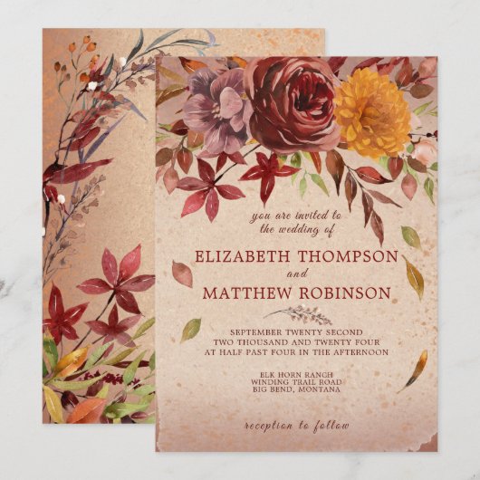 Rustic Autumn Bloom Burgundy Blush Fall Wedding Kaart (Voorkant / Achterkant)