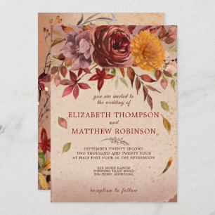 Rustic Autumn Bloom Burgundy Blush Fall Wedding Kaart