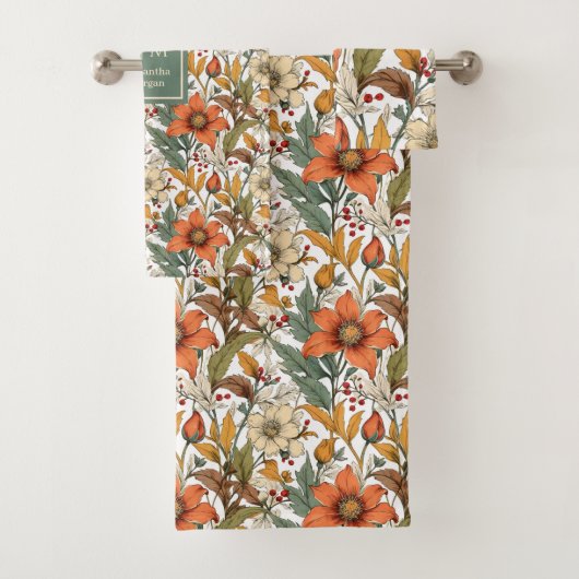 Rustic Autumn Blooms Olive Terracotta Bath Towels Bad Handdoek (Insitu)